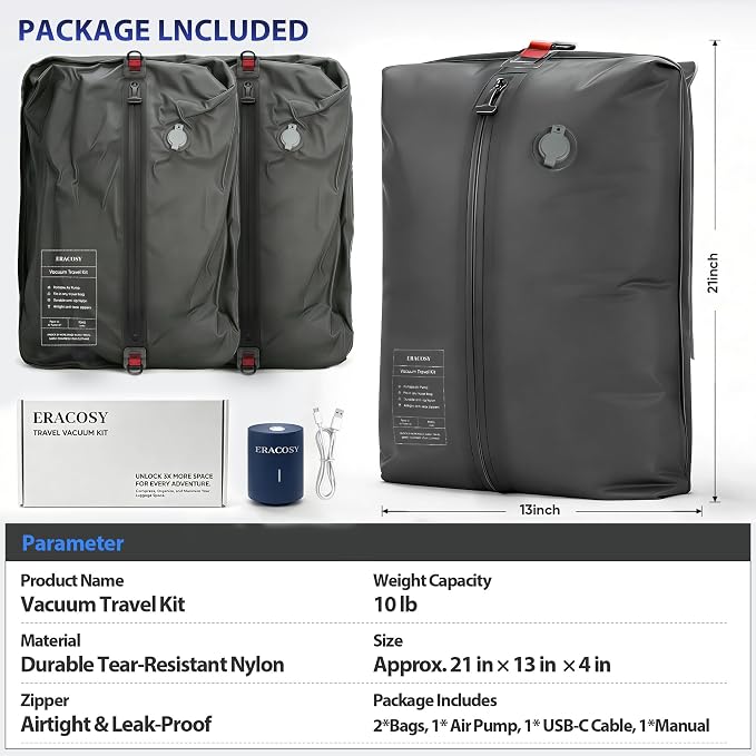 Travel Vacuum Bags with Pump, Compression Bags, Waterproof & Reusable Nylon Vacuum Travel Kit, Portable Space Saver Storage Bags with Wireless Vacuum Pump for Carry-On Backpack & Suitcase, 2 Pack - Image 6