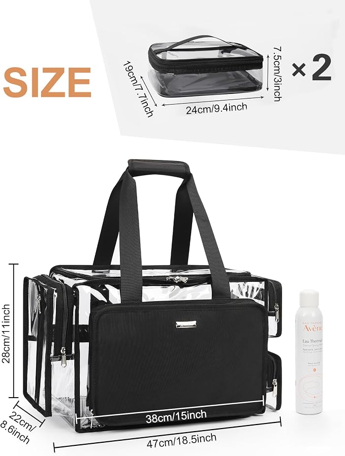 Relavel Clear Makeup Bag with 2 Clear Pouches, Extra Large Makeup Artist Kit Set, Cosmetic Storage Organizer Hair Stylist Traveling Bag, Transparent Tote Duffle Beach Toiletry Bag with Shoulder Strap - Image 2