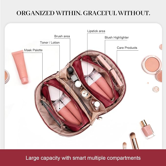 Travel Makeup Bags Cosmetic Organizer: 3Pcs Set Puffy Make up Bag for Women | Red Premium Quilted ELEGANCE Design | Large Capacity Leather Toiletry Bags | Wide Open Compact Case for Travel Essentials - Image 5