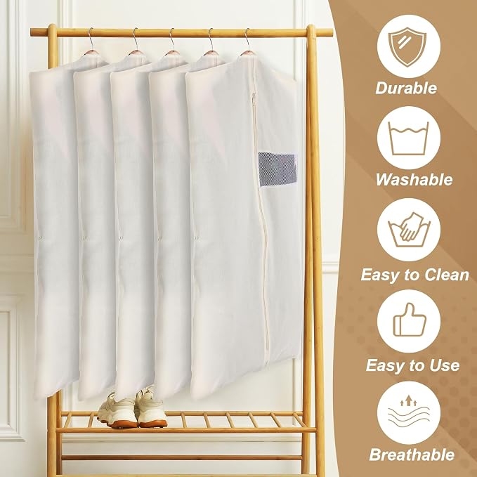 Aliceset 6 Pcs 24 x 40 Inches Cotton Garment Bags for Hanging Clothes, Canvas Suit Bags for Clothes Coats Jackets Shirts Closet Storage Travel Gusseted Hanging Garment Cover - Image 6