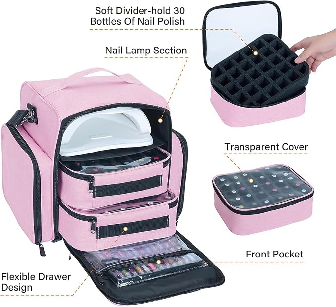 Nail Polish Organizer Case Hold 60 Bottles with 2 Detachable Bag,Pink | Portable Travel Storage Box Designed for Women's Nail Tools, Essential Oils and Cosmetics Sets - Image 4