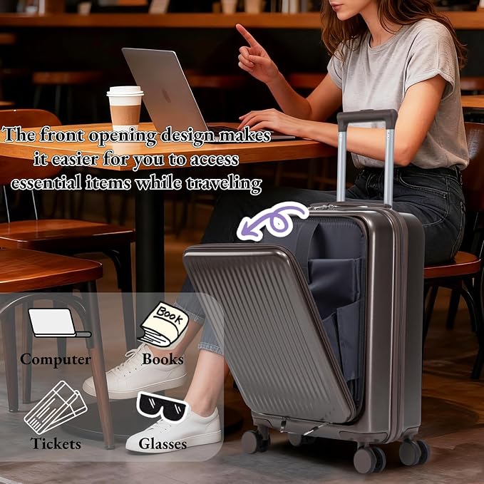 2 Pcs ABS Spinner Luggage Set - 14" Cosmetic Case & 20" Carry-On with Combination Lock, Front Opening Design, Brown - Image 3