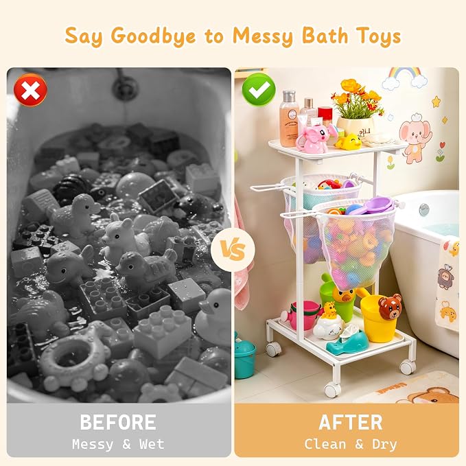 Bath Toy Storage Holder, Quick Drying Bathtub Toy Organizer with 2 Hanging Mesh Net and Shower Caddy, Large Bath Tub Toy Bin Easy Access, Freestanding Bathroom Toys Basket Cart for Toddler - Image 9