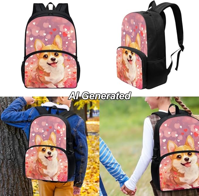 Corgi 3 Piece School Bag Set for Girls Cute Backpack for School Toddler Kindergarten Kids Bookbag with Lunch Box and Pencil Case for Boys Age 3-9, Pink - Image 2