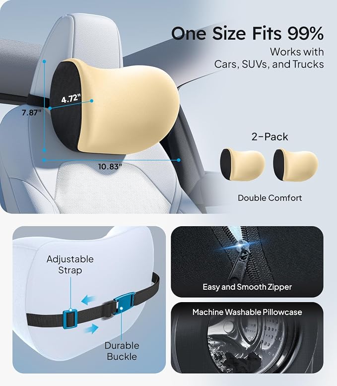 Wigoo Soft Car Neck Pillow with Adjustable Strap, Beige, 2-Pack | Extra Strap| Memory Foam| Universal Fit - Image 6