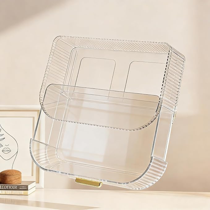 Makeup Organizer with 360° Rotating Brush Holder and Stackable Drawers, Cosmetic Display Case for Vanity, Bathroom Countertop (Clear, 2 Layer) - Image 6