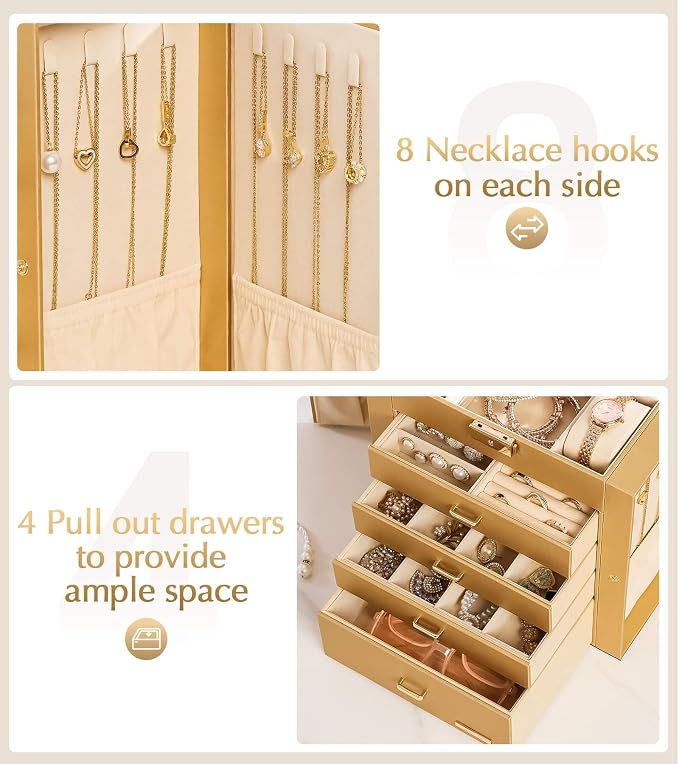 Homde Synthetic Leather Huge Jewelry Box Mirrored Watch Organizer Necklace Ring Earring Storage Lockable Gift Case (Gold) - Image 5