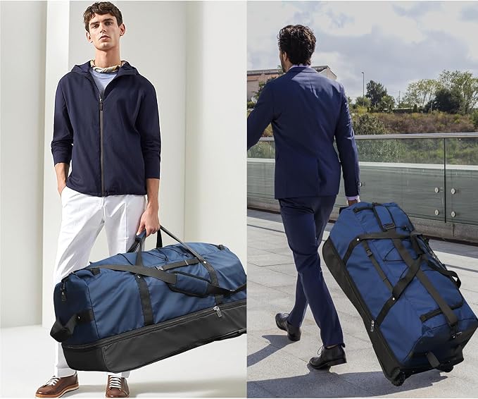 Bagenerous 110L/140L Expandable Soft-Sided Foldable Duffle Bag with 2 Rubber Wheels,Packable 32” Rolling Carry-On with Multi-Pockets & Compartments,Navy Blue - Image 2