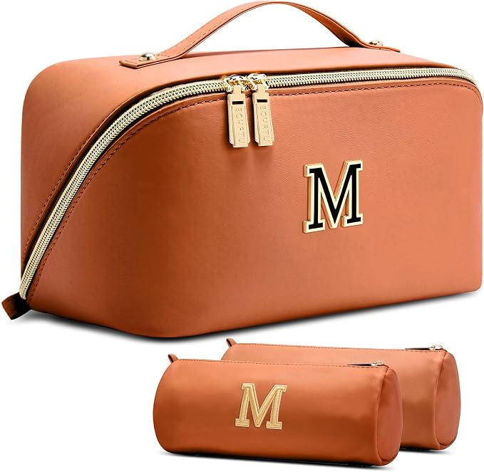 BOYATU Makeup Bag Gift for Women: 3-in-1 Travel Personalized Cosmetic Bag | Initial Make up Bag - Monogram A-Z - Vegan Leather Flat Open Toiletry Organizer - Ideal Gift Set for Birthday Graduation by BOYATU