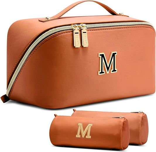 BOYATU Makeup Bag Gift for Women: 3-in-1 Travel Personalized Cosmetic Bag | Initial Make up Bag - Monogram A-Z - Vegan Leather Flat Open Toiletry Organizer - Ideal Gift Set for Birthday Graduation by BOYATU