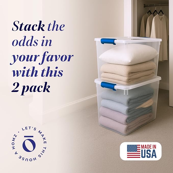 HOMZ 2-Pack Latching Lid, Clear Plastic Storage Organizer Bins, 112 Quart, Blue Latch - Stackable Organizing Containers for Home, Garage, and Office - Image 2