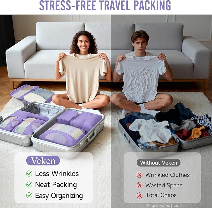 Veken 8 Set Packing Cubes for Travel Essentials,Anti-Wrinkle Buckled Suitcase Organizer for Shoe & Toiletry Bag,Carry On Luggage Bag with 99+ Count Mesh Holes for Airplane & College Dorm Accessories - Image 8