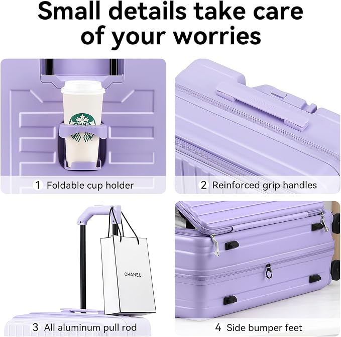 ROAMING 20 Inch Carry On Luggage Expandable Front Opening Rolling Vacation Suitcase with Spinner Wheels and TSA Lock Cup Holder PC Hard Shell Travel Trolley Case for Shout Business Trips purple - Image 4
