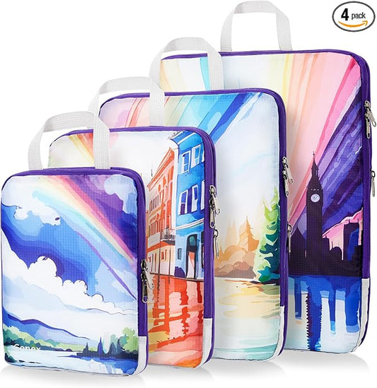 Gonex Compression Packing Cubes, 4pcs Expandable Storage Travel Luggage Bags Organizers, Travel Cubes for Suitcase Carry On (Rainbow) by Gonex