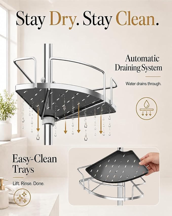 ALLZONE Corner Shower Caddy Tension Pole, 4 Hang-On Basket with Mixed-Height Shelves for Various Bottle Sizes, Extra Hooks & Soap Holder, Rustproof Stainless Steel, Fits 34–116 Inch, Silver/Dark Gray - Image 4