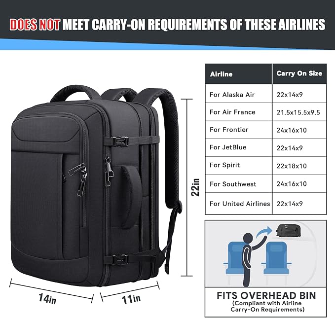 Expandable Travel Backpack 45L-55L, Extra Large Carry on Backpack Hiking Camping Rucksack with Waterproof Wet Pocket, Anti-Theft 18.4 Inch Gaming Laptop Bag for Road Trip Outdoor Sports, Black - Image 4