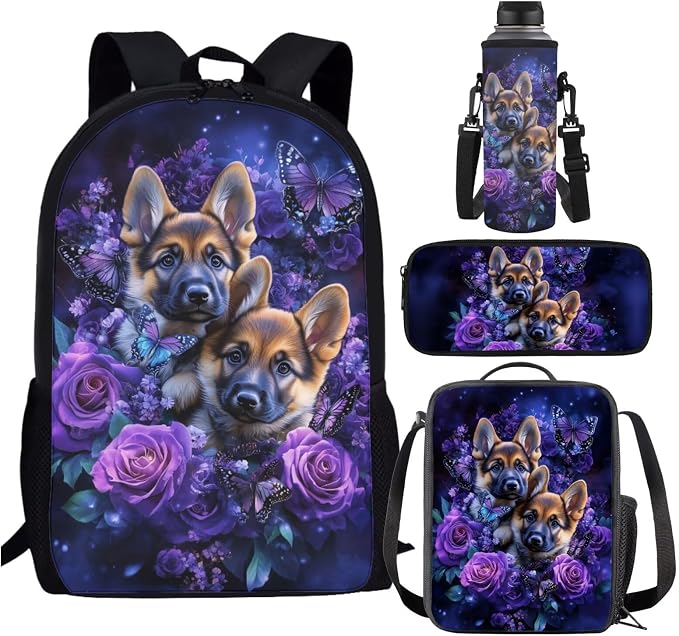 German Shepherd Backpack with Lunch Box Kids Girls 6-8/8-10 Butterfly Bookbag for 1st Grade Purple Rose Elementary School Back Pack Lunchbox Pencil Case Water Bottle Holder Kindergarten by SCRAWLGODDreamWardrobe
