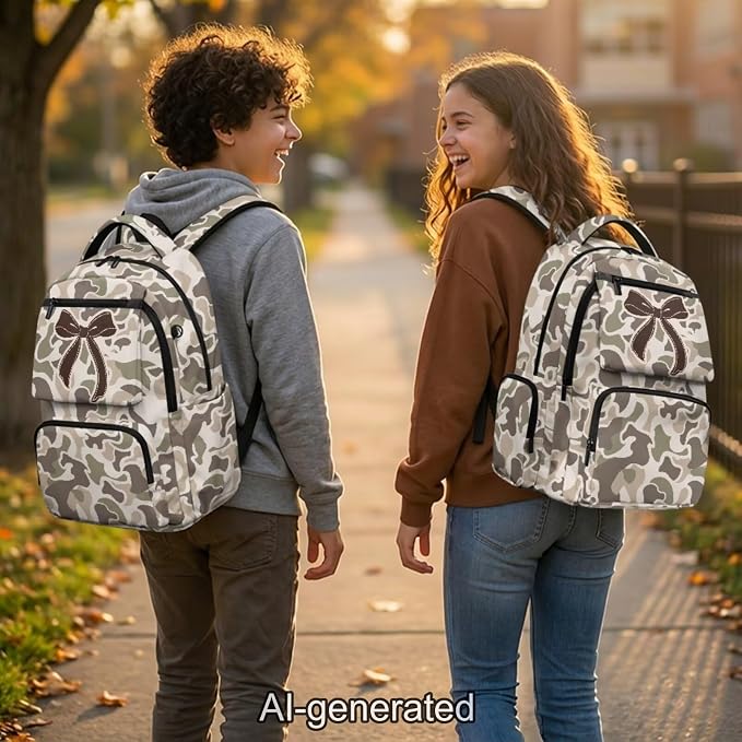Brown Camo Bow 4 Piece School Backpack Set for Kids, 17 Inch Multi-Pocket Backpack with Lunch Bag, Pencil Case and Water Bottle Holder for Elementary Middle School - Image 2