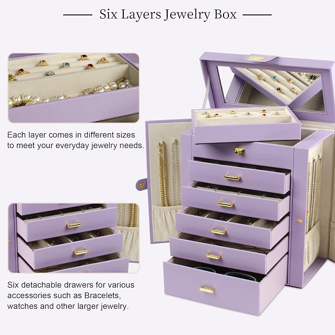 AKOZLIN 6-Tier Jewelry Box Organizer Functional 5 Drawers Leather Jewelry Storage Case for Women Girls Ring Necklace Earring Bracelet Holder Organizer with Mirror Violet Large - Image 2