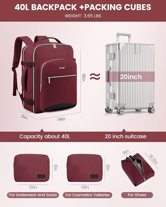 LOVEVOOK 40L Travel Backpack Flight Approved Carry on Backpack,3 Packing Cubes,Waterproof Personal Item Travel Bag,TSA Carry on Luggage Suitcase Travel Essentials,Gifts for Women & Men,fits 17" Laptop - Image 5