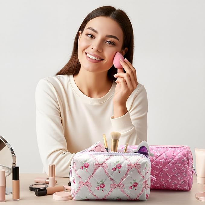 Paterr 10 Pcs Quilted Makeup Bag Bulk Cotton Floral Cosmetic Bag Women Girls Bridesmaid Gifts Cute Makeup Pouch Coquette Aesthetic Travel Toiletry Organizer(Pink Bow,6.30 x 3.94 Inches) - Image 5