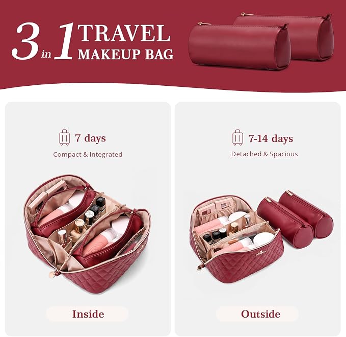 Travel Makeup Bags Cosmetic Organizer: 3Pcs Set Puffy Make up Bag for Women | Red Premium Quilted ELEGANCE Design | Large Capacity Leather Toiletry Bags | Wide Open Compact Case for Travel Essentials - Image 4