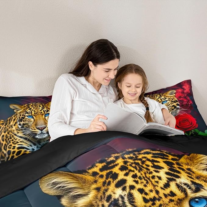 Erosebridal Leopard Bedding Set, Red Rose Cheetah Comforter Set Twin Size for Kids Teens Adult Women Bedroom, African Safari Animal Duvet Sets Romantic Flower Down Comforter, Brown - Image 4
