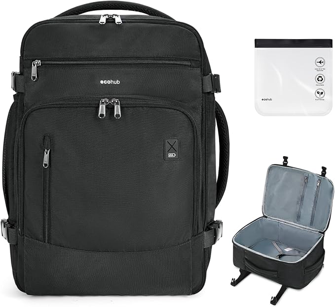 ECOHUB Travel Backpack for Men, 18x14x8 Frontier Airlines Personal Item Bag with Clear Toiletry Bag, Laptop Carry on Backpack with USB Port, Airline Approved Under Seat 14 Pockets 30L, Black by ECOHUB