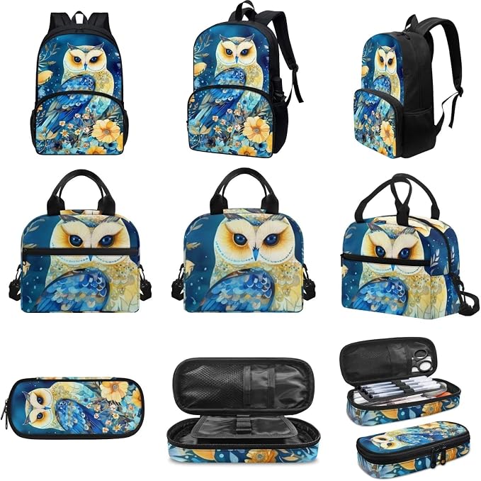 Blue Floral Owl Backpack with Lunch Box and Pencil Case Girls Comfy Padded Cute School Backpack Set of 3 Bookbag for Student Lightweight Large Capacity Daypack - Image 3