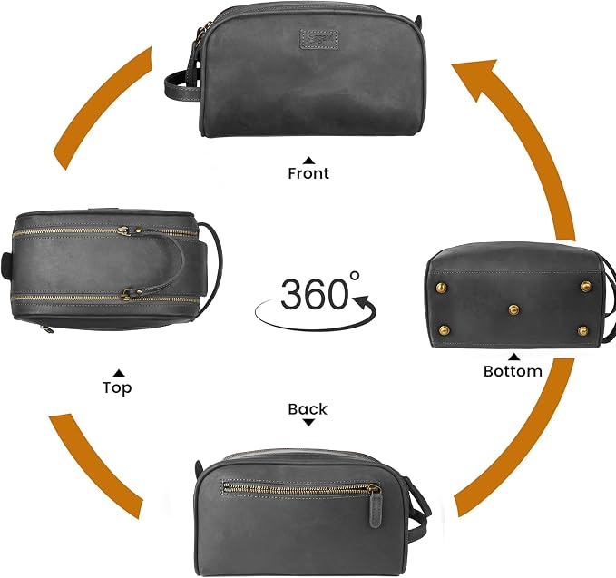 Rasavi Genuine Leather Travel Toiletry Bag, Handcrafted Vintage Water-Resistance Dopp Kit, Large Shaving & Bathroom Organizer - Gift for Men & Women - Black - Image 6