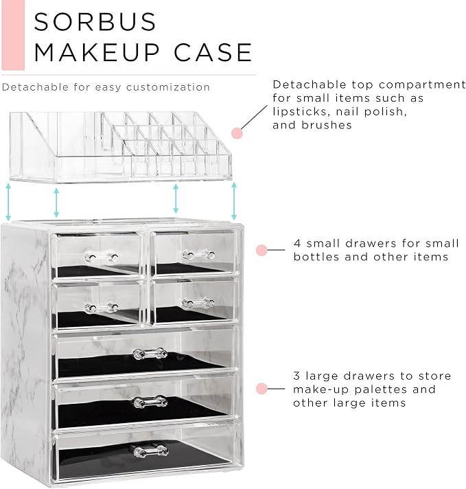Sorbus Acrylic Makeup Organizer Set, 7-Drawer Vanity & Countertop Cosmetic Storage with Small & Wide Compartments, Marble Print Makeup Storage for Brushes, Jewelry – Holiday Gift for Women & Teens - Image 4