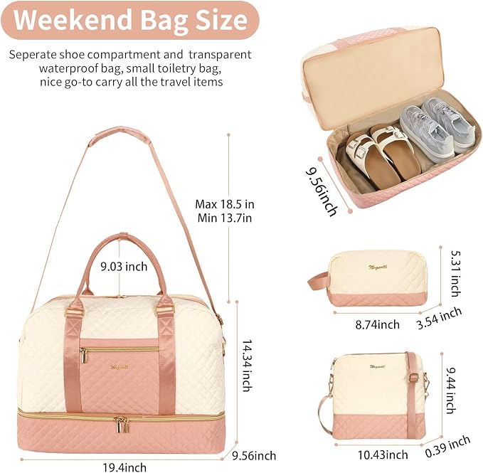 Wogarl 3PCS Weekender Bags for Women Large Overnight Bag Weekend Travel Duffel Bag Carry on Shoulder with Shoe Compartment Canvas Toiletry Bag for Travel Business Gym,Pink Beige - Image 3