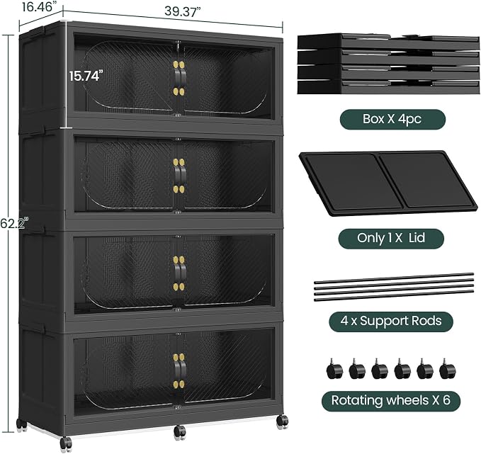 320Gal/1280QT 4-Tiers Extra Large Stackable Storage Bins with Lid, Collapsible Cabinet Closet Organizer Plastic Container Box with Wheels Doors Drawers for Office Dorm Kitchen, Black - Image 2