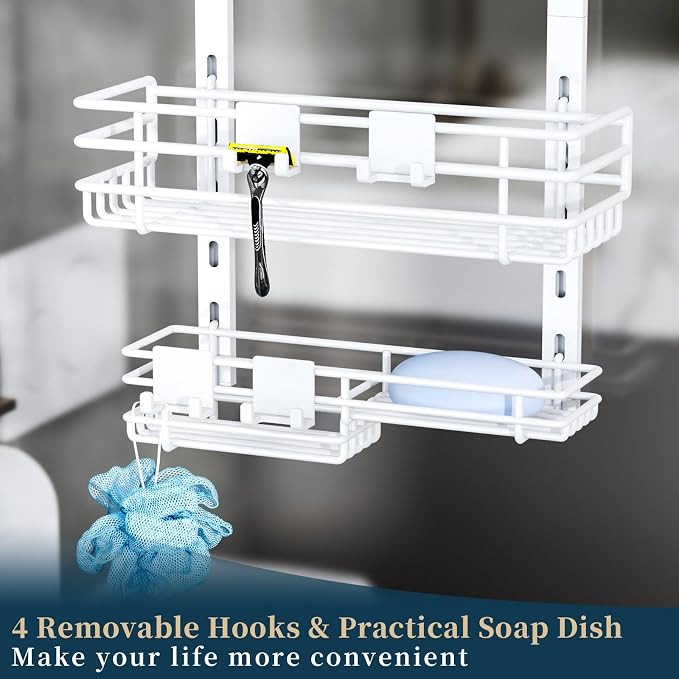 Consumest Over The Door Shower Caddy - 5 Tier Adjustable Shower Organizer Hanging with 2 Toothbrush Holders & 4 Hooks, Rustproof Organizer Shelf, Storage Rack for Bathroom, White - Image 7