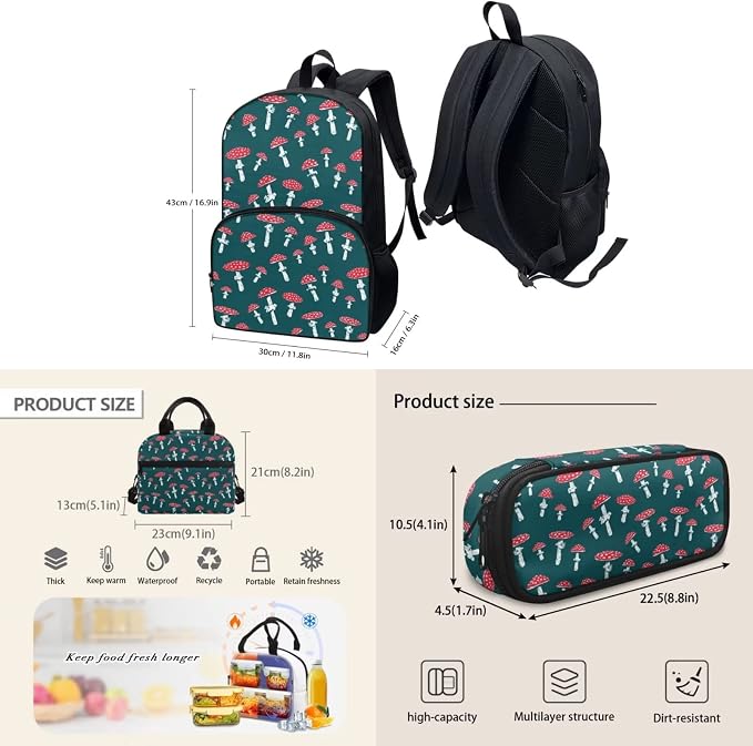 Green Mushroom Backpack with Lunch Box and Pencil Case Girls Comfy Padded Cute School Backpack Set of 3 Bookbag for Student Lightweight Large Capacity Daypack - Image 4