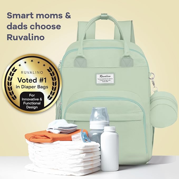 RUVALINO Diaper Bag Backpack-Multifunction Baby Travel Bag with Changing pad, Insulated Bottle Holders & Pacifier Case, Large Capacity, Waterproof, Mint Green - Image 8
