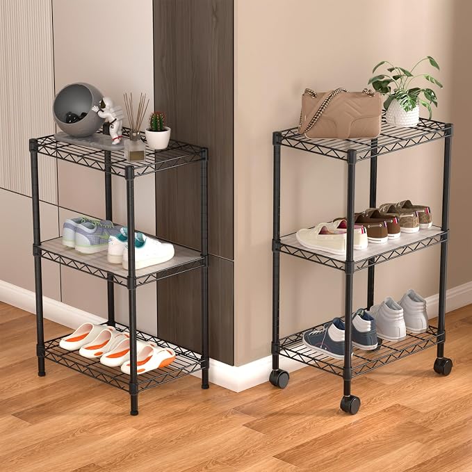 Golpart Small 3 Tier Shelves Storage Wire Shelving Unit Metal Shelf Adjustable Organizers Storage Shelving with Wheels for Bathroom Laundry Room Kitchen Pantry11.7”D x 17.7”W x 30.7”H Black - Image 8