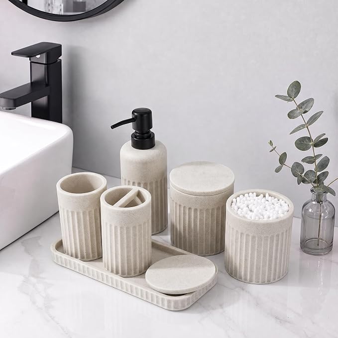 INIUNIK Bathroom Accessory Set, 6 Pieces, Beige | Resin, Bathroom Accessories Set, with Soap Dispenser Set, Toothbrush Holders, Tumbler, Vanity Tray & 2 Qtip Holder - Image 4