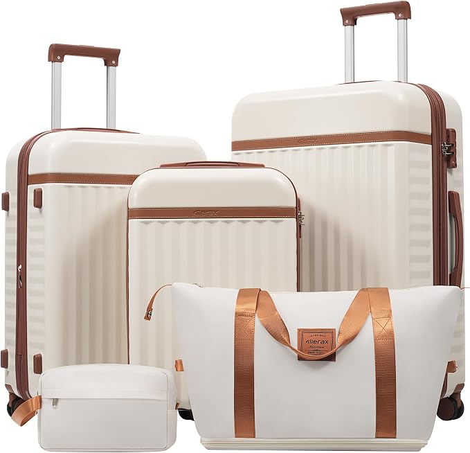 Merax Luggage Sets, Durable Hardshell 3 Piece Suitcase with Bags | Lightweight Carry on Luggage with Double Spinner Wheels and TSA Lock,20+24+28 inches,White and Brown by Merax