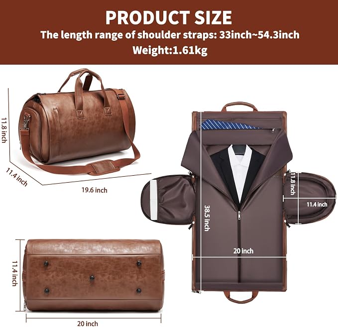 Leather Garment Bag，Convertible Garment Duffel Bag for Travel Mens Suit Bag 2 in 1 Waterproof Foldable Carry on Garment Bag with Shoulder Strap Weekender Bag with Shoe Pouch - Image 3