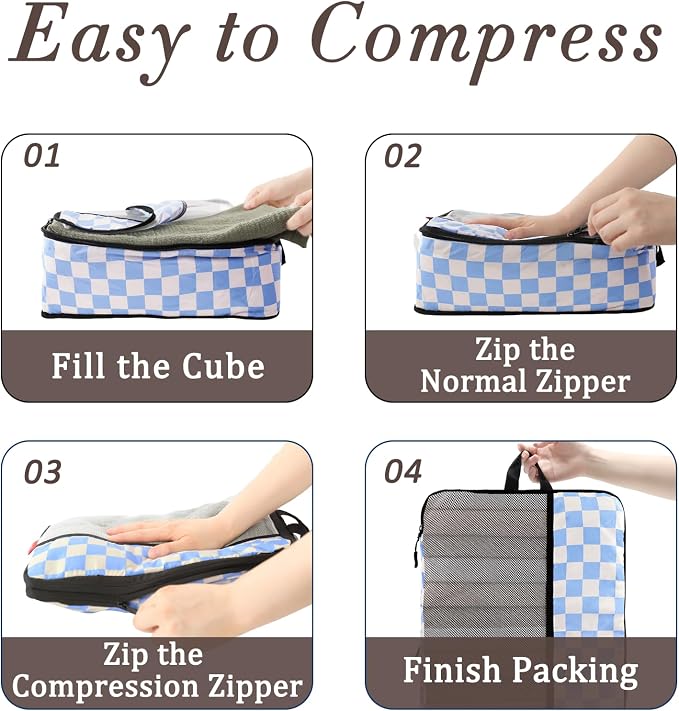 U+U 8 Set Compression Packing Cubes - Ultralight Travel Organizers with Laundry Bag and Cosmetic Bag, Space-Saving Suitcase Organizer for Travel, Business Trip and Family Vacation (Blue Checkered) - Image 6
