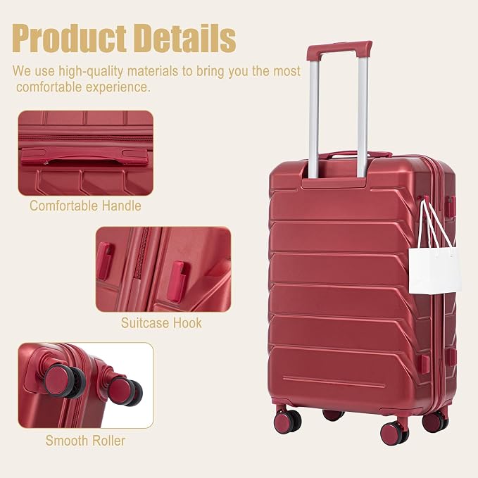 GDFStudio 28" ABS Hardshell Checked Luggage, Large Capacity Travel Suitcase with Scratch Resistant Surface, 360° Silent Spinner Wheels, Combination Lock, Telescopic Handle and Side Hooks, Wine Red - Image 5