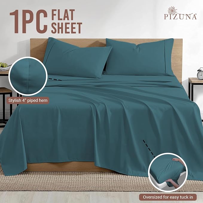 Pizuna Pure 100% Cotton Flat Sheets Only Twin XL Peacock Blue (1 PC), Luxurious 400 Thread Count Long Staple Cotton Sateen with 4" Hem (Combed Twin XL Flat Sheet Only Cotton) - Image 3