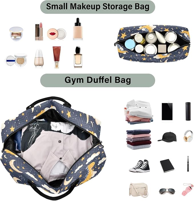 Weekender Bags Travel Duffel Gym Bag Dinosaur Stars Moon Carry on Overnight Tote Bag with Toiletry Bag for Airplane Travel Trip Gym Yoga - Image 4