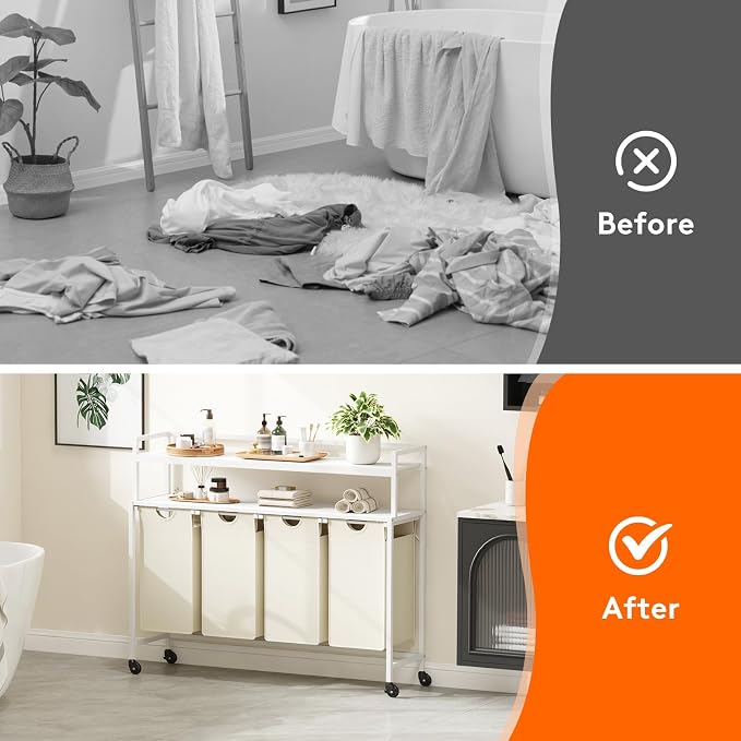 Lifewit Laundry Hamper 4 Section, 168L Pull out Laundry Clothes Basket Organizer with Large Top Shelf and 4 Removable Bags and Handles for Laundry Room Bedroom Bathroom, White with Shelves and Wheels - Image 8