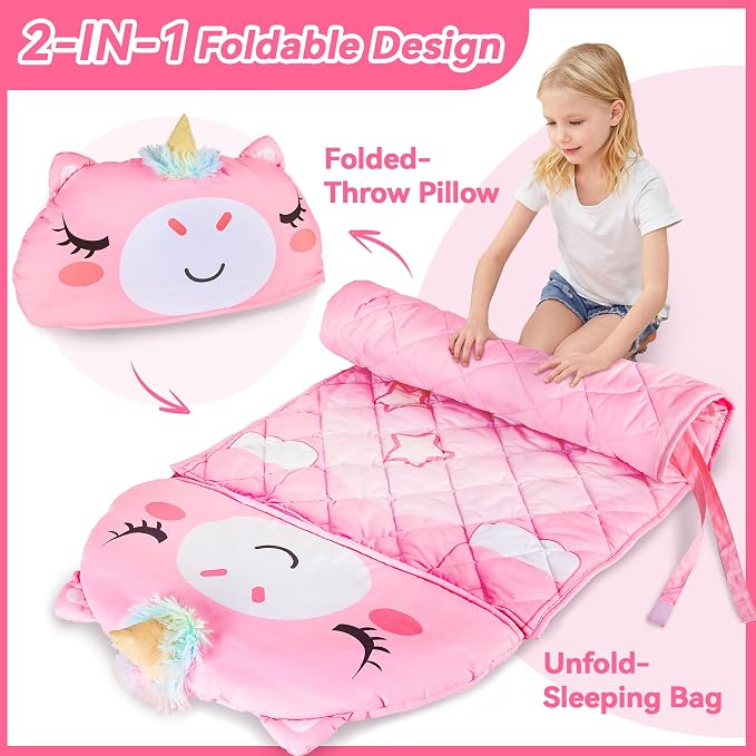 iPlay, iLearn Kid Sleeping Bag, Unicorn Slumber Sack, Toddler Girl Nap Mat | 2 in 1 Pink Animal Cushion Pillow Blanket, Happy Travel Sleepover Daycare Preschool Birthday Gift for 3 4 5 6 Year Old Child - Image 3
