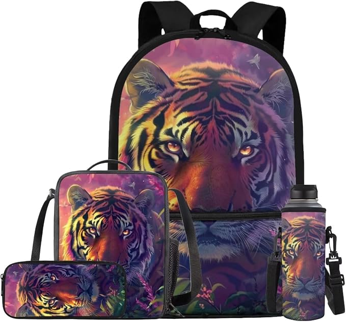 Tiger Backpack for Kids Girls Backpack with Lunch Box Water Bottle Carrier with Strap and Soft Pencil Case 4PCS Set Bookbag with Front Pocket 17 inch Large Capacity School Bag with Side Pocket by ELEDIZI