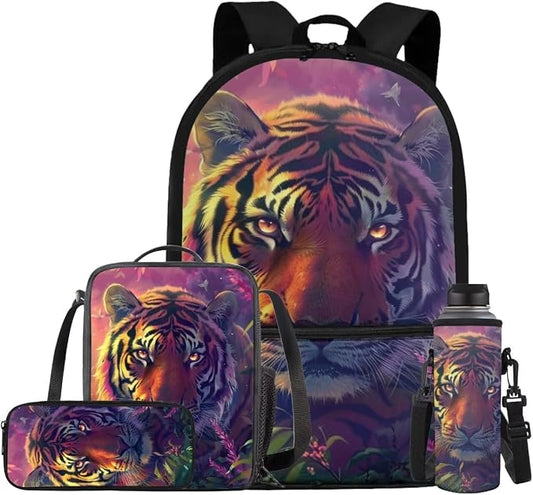 Tiger Backpack for Kids Girls Backpack with Lunch Box Water Bottle Carrier with Strap and Soft Pencil Case 4PCS Set Bookbag with Front Pocket 17 inch Large Capacity School Bag with Side Pocket by ELEDIZI