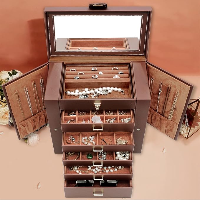 AKOZLIN 6-Tier Jewelry Box Organizer Functional 5 Drawers Leather Jewelry Storage Case for Women Girls Ring Necklace Earring Bracelet Holder Organizer with Mirror Extra Large Brown - Image 7