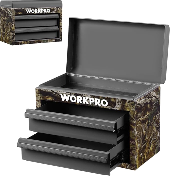 WORKPRO Metal Mini Tool Box with 2 Drawers and Top Storage | Cold Rolled Steel Toolbox, Ball Bearing Slides, PVC Drawer Liners, PP Feet Pads, Durable Storage by WORKPRO